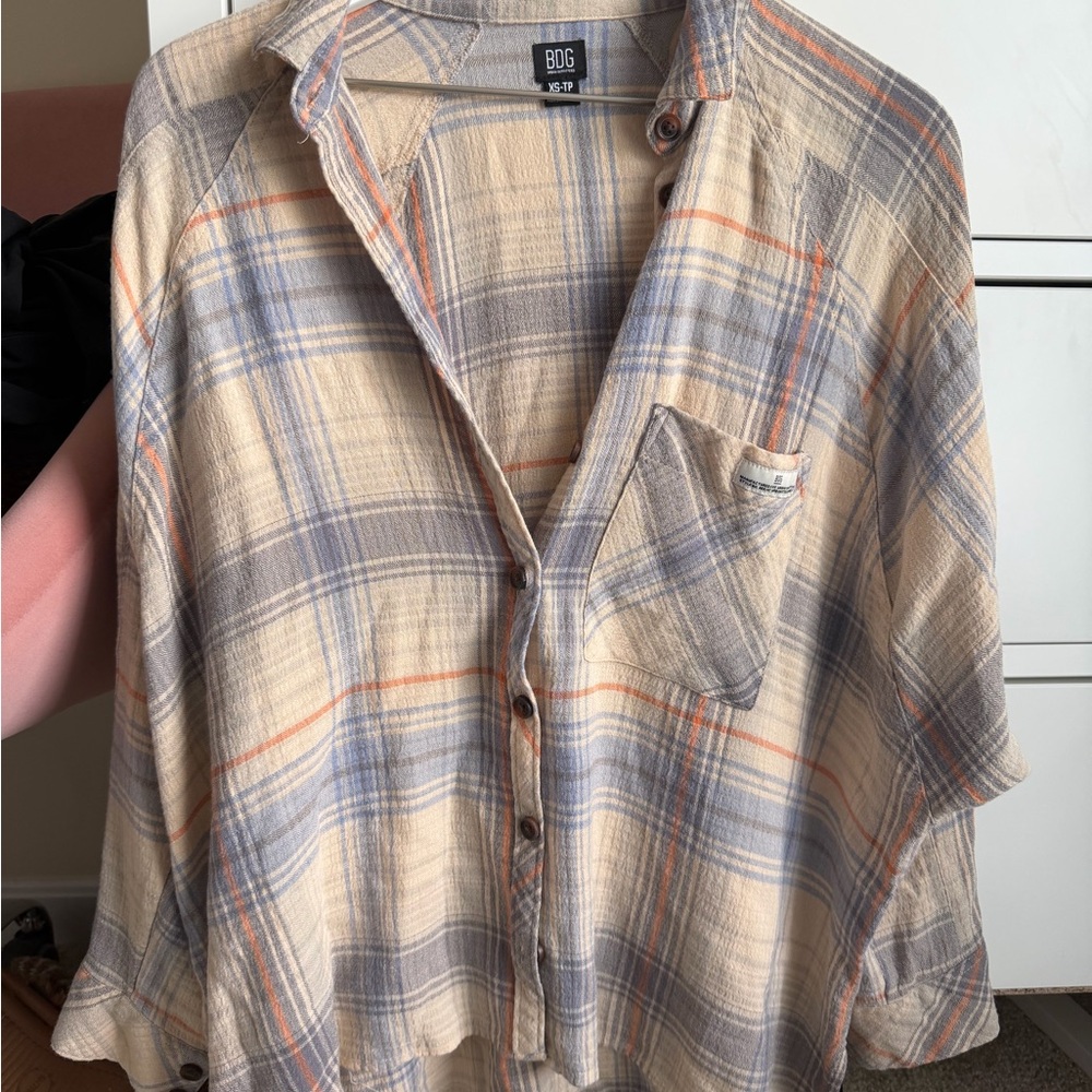 BDG Beige Plaid Shirt with Blue & Orange Stripes